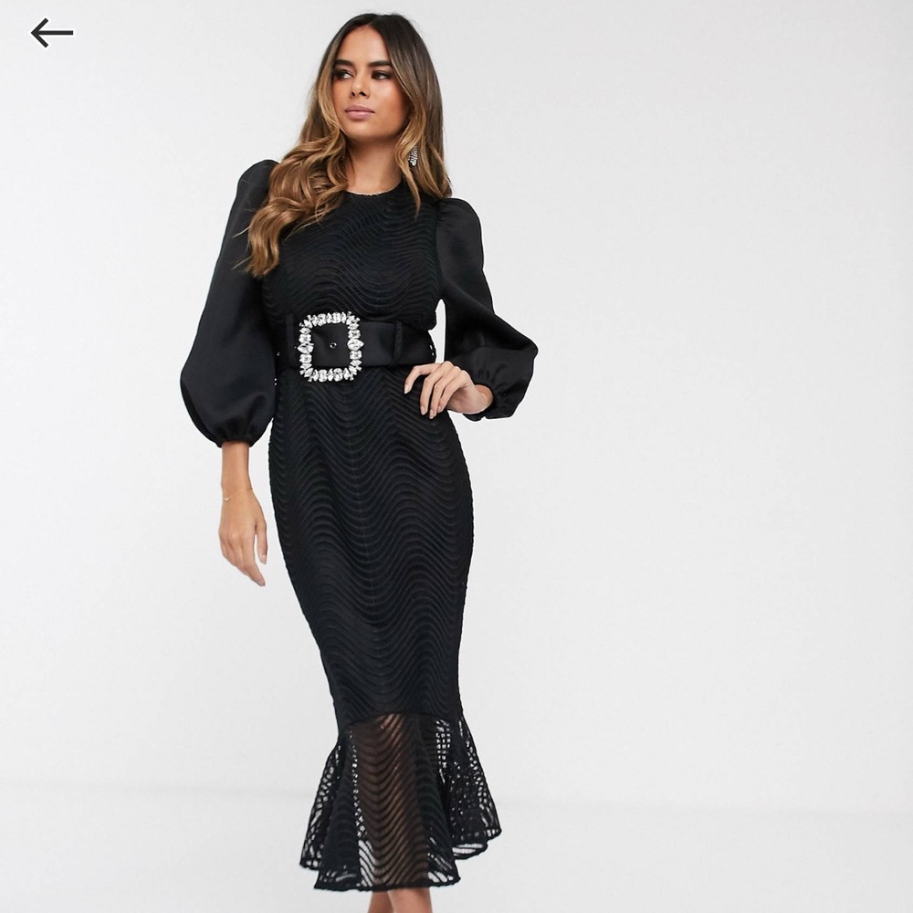 ASOS DESIGN wiggle lace rhinestone belt pep hem midi dress